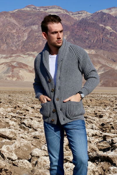 Winston & Co. Men's Grey Lambswool Wool Shawl Collar Cardigan Sweater