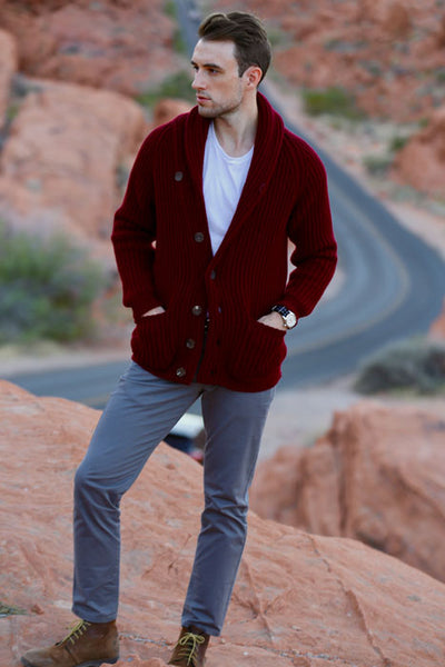 Winston & Co. Men's Burgundy Red Lambswool Wool Shawl Collar Cardigan Sweater