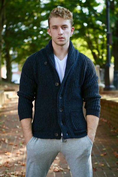 Winston & Co. Men's Charcoal Black Lambswool Wool Shawl Collar Cardigan Sweater