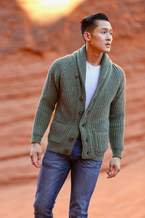 Winston & Co. Men's Landscape Green Lambswool Wool Shawl Collar Cardigan Sweater