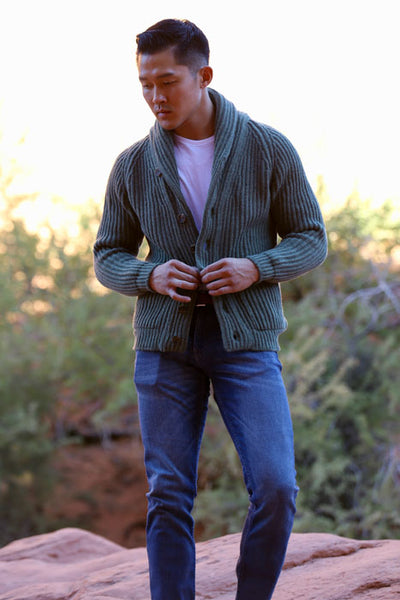 Winston & Co. Men's Landscape Green Lambswool Wool Shawl Collar Cardigan Sweater