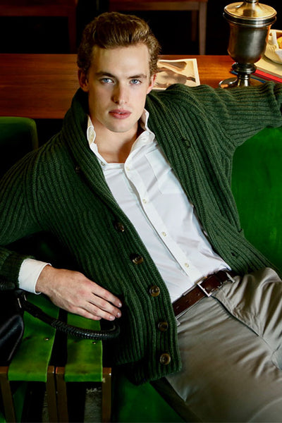 Winston & Co. Men's Rosemary Green Lambswool Wool Shawl Collar Cardigan Sweater